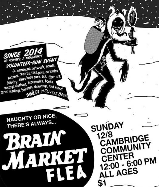 A human-sized flea hikes in the snow dressed in winter clothes on a black and white flyer for the Brain Market Flea event.